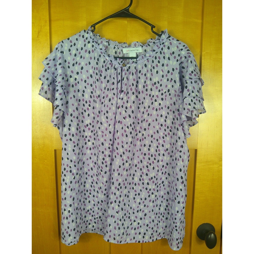 Liz Claiborne Lavender Polka Dot Ruffle Sleeve Blouse XXL Purple Keyhole Top
